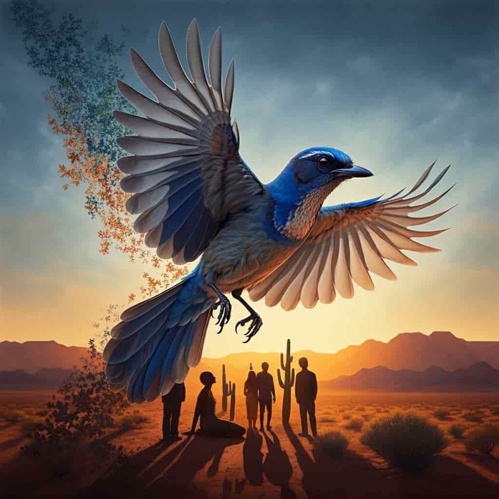 A Scrub Jay in flight across changing landscapes, from forest to desert to city, with human silhouettes below in poses of growth and contemplation, representing spiritual lessons from the bird.
