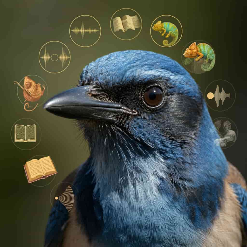 Close-up of a Scrub Jay's face with intelligent eyes, surrounded by symbolic elements representing wisdom, adaptability, and communication, illustrating the bird's spiritual meanings.