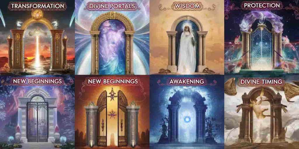 A collage of seven unique gates representing different spiritual meanings, including transformation, divine portals, wisdom, protection, new beginnings, awakening, and divine timing, each with distinct symbolic elements.