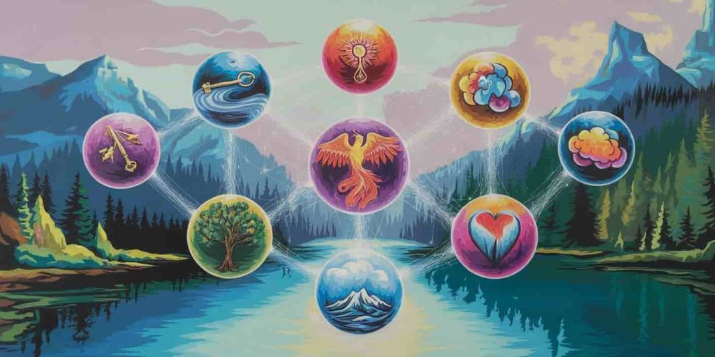 Abstract image of seven interconnected spheres containing symbols representing different spiritual meanings of choking on saliva, linked by luminous threads.