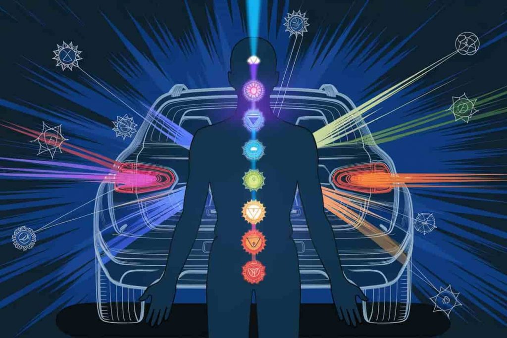 Human silhouette with glowing chakra points connected to spiritual symbols, symbolizing the seven spiritual meanings of being rear-ended.