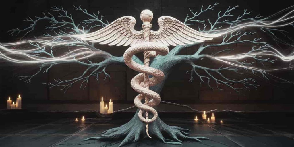 A snake coiled around a staff transforming into a tree of life, with healing energy emanating from the snake and spreading through the tree branches, symbolizing the healing and renewal aspects of snake symbolism.