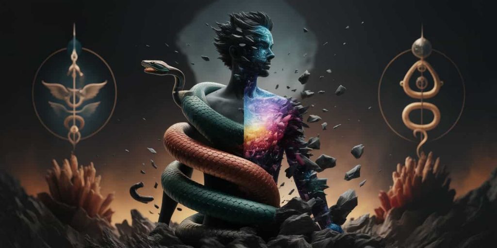 A human silhouette filled with a transformative snake pattern shedding layers, revealing a vibrant inner self, surrounded by symbols of wisdom and healing, illustrating the spiritual lessons from snake symbolism.
