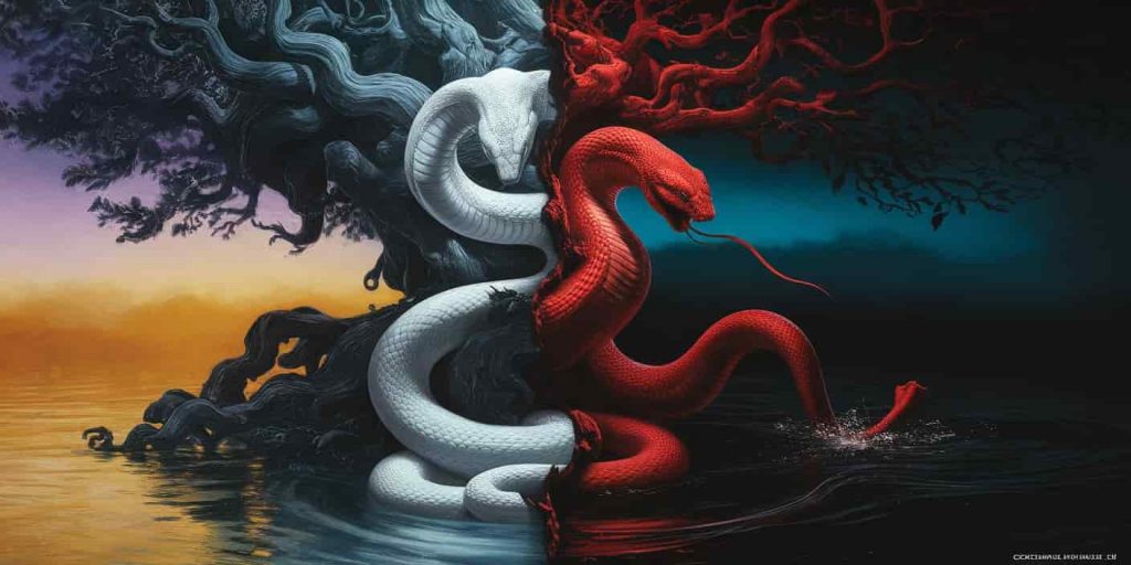 A split image contrasting a peaceful white snake around a tree of life and a fierce red snake in dark waters, illustrating the dual nature of snake symbolism in spirituality and mythology.