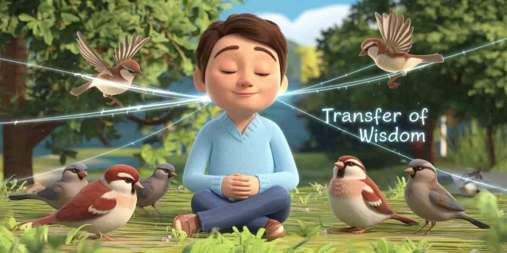 Person in nature surrounded by sparrows engaged in different activities, with visual cues suggesting the transfer of spiritual lessons and wisdom.