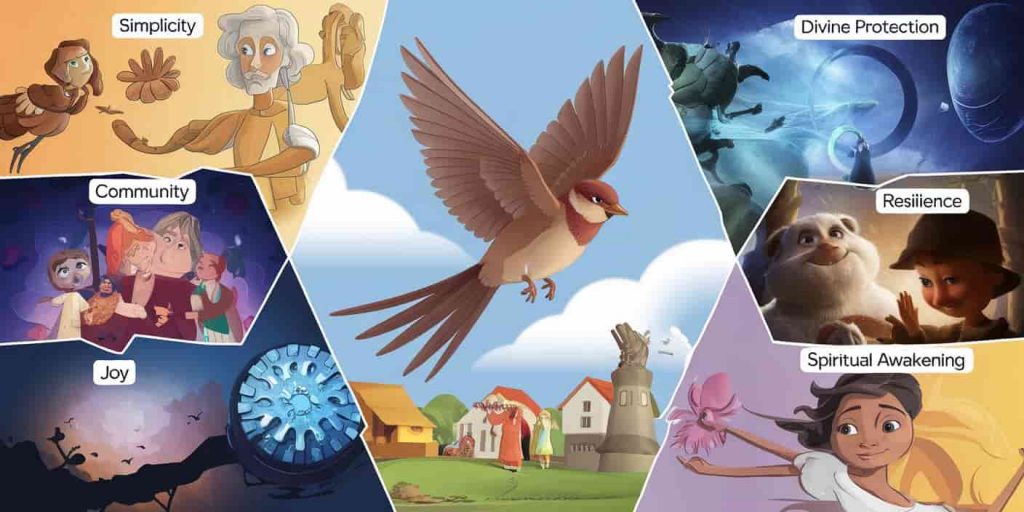 Collage of sparrow symbolism showing freedom, simplicity, divine protection, community, resilience, joy, and spiritual awakening through various artistic representations.