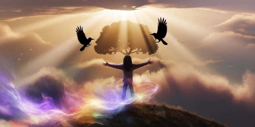Person on a hill at dawn with outstretched arms, two crows circling overhead, golden light breaking through clouds, and multicolored energy swirling, symbolizing spiritual awakening and enlightenment.