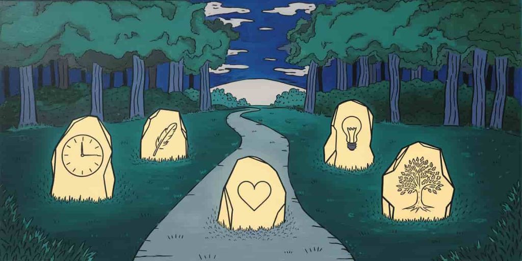Serene forest path with five glowing stones, each etched with symbols representing spiritual lessons learned from choking on saliva experiences.