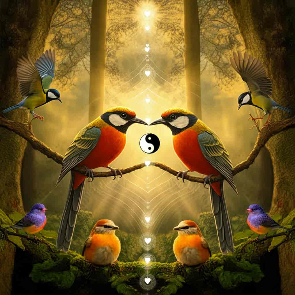 Mystical forest scene with multiple pairs of birds showing affection, surrounded by subtle spiritual symbols, representing the diverse spiritual meanings of bird kisses in a serene, magical setting.