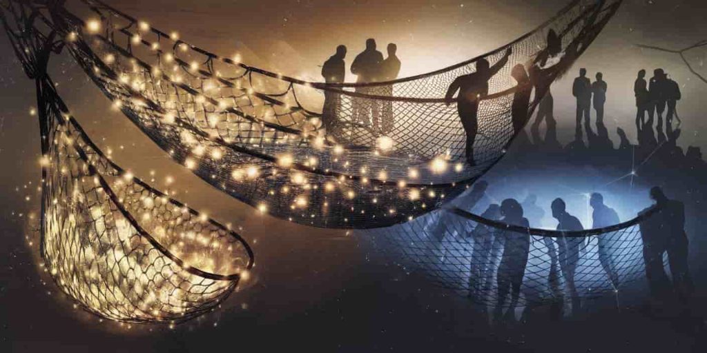 Multiple fishing nets displaying different spiritual concepts: abundance with glowing orbs, faith with casting figures, and community with intertwined silhouettes.