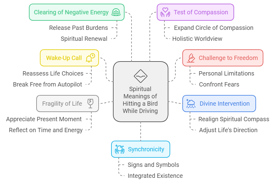 Visual aid of spiritual meanings and symbolism of hitting a bird while driving