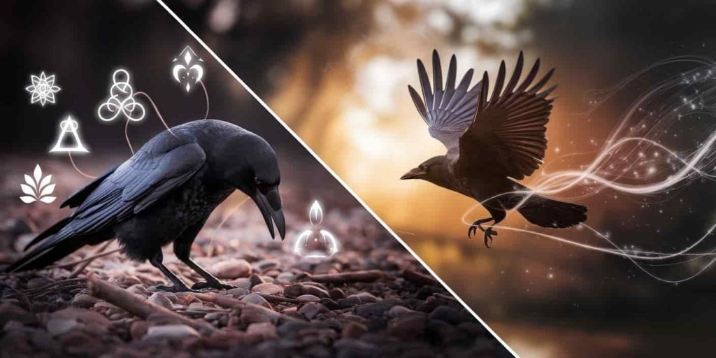 Split-screen image of an injured crow surrounded by spiritual symbols, juxtaposed with the same crow healed and flying, representing transformation and spiritual growth.