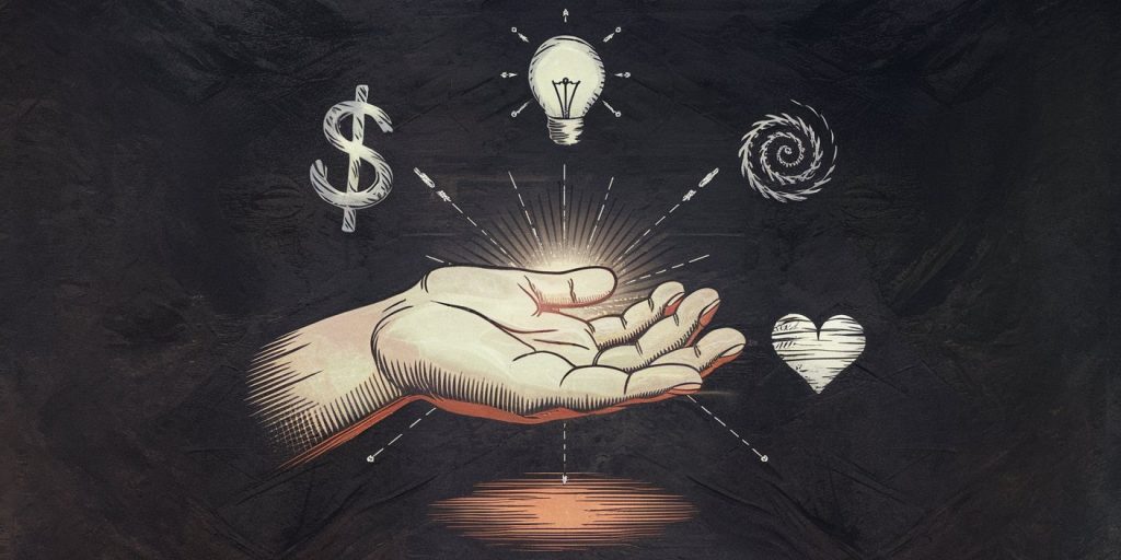 Illustration of a left hand surrounded by symbols representing money, intuition, emotional healing, and energy shifts, depicting various spiritual meanings of left palm itching.
