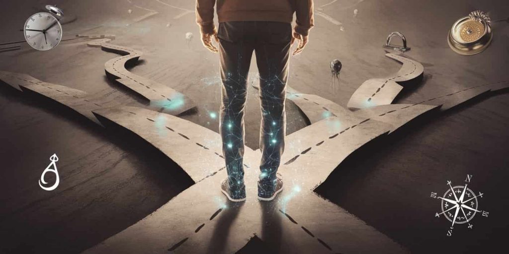 Person at crossroads with glowing legs, surrounded by symbolic elements representing various spiritual meanings of restless leg syndrome.