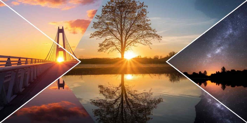 Four-panel image depicting various spiritual meanings of sunsets: a bridge to the divine, changing seasons of life, inner peace reflection, and connection to the cosmos, all set against beautiful sunset backdrops.