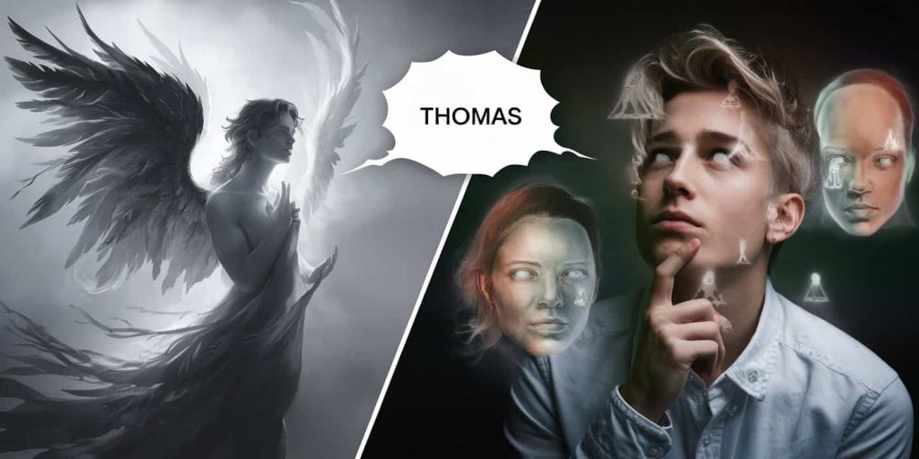 Split image depicting angelic presence and past life connections, illustrating various spiritual meanings of hearing one's name called unexpectedly.