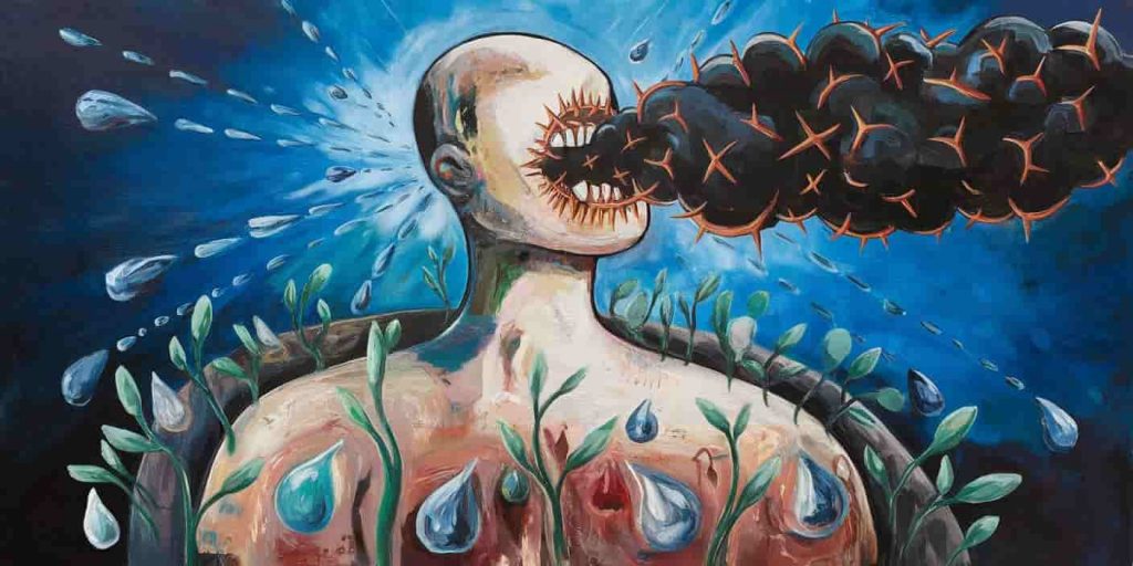 Abstract human figure expelling negative symbols through mouth, surrounded by purification and renewal imagery, representing spiritual meanings of vomiting