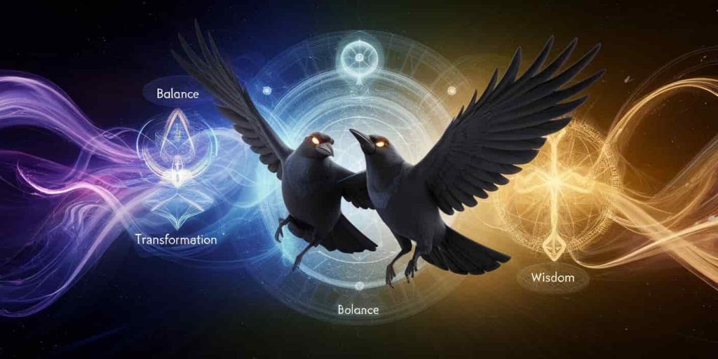Two crows in flight surrounded by swirling, colorful energy patterns representing various spiritual meanings, with glowing eyes emphasizing their role as mystical messengers.