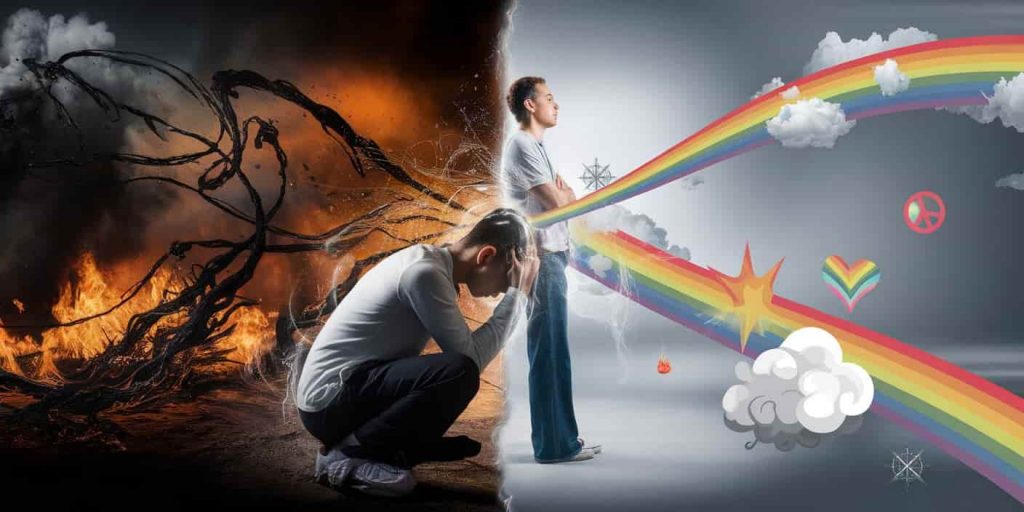 Split-screen image showing transformation from negative to positive state, connected by swirling energy, illustrating spiritual messages and lessons from vomiting