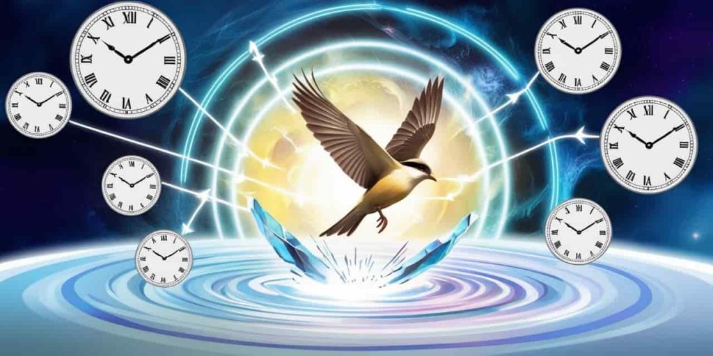 Symbolic image of a bird breaking through a glass barrier with cosmic energies, clock faces, and spiritual symbols, representing the various spiritual meanings of bird encounters while driving.