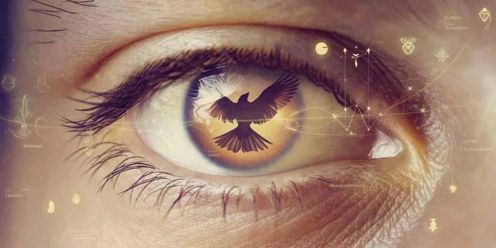 A human eye with a bird reflected in the pupil, surrounded by glowing spiritual symbols, representing the various spiritual meanings and symbolism of bird encounters.