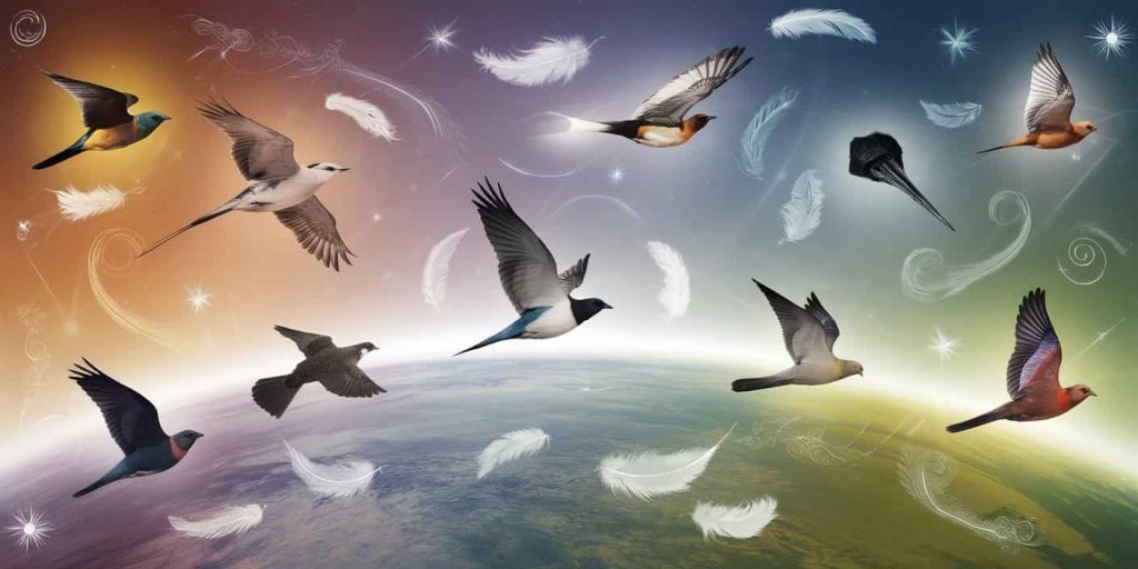 A collage of various birds in flight with colorful auras, set against an earth-to-sky gradient background, surrounded by spiritual symbols like feathers and stars.