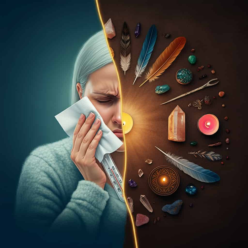 Split image showing physical cold symptoms and spiritual symbols connected by a golden thread, illustrating the spiritual meanings of the common cold.