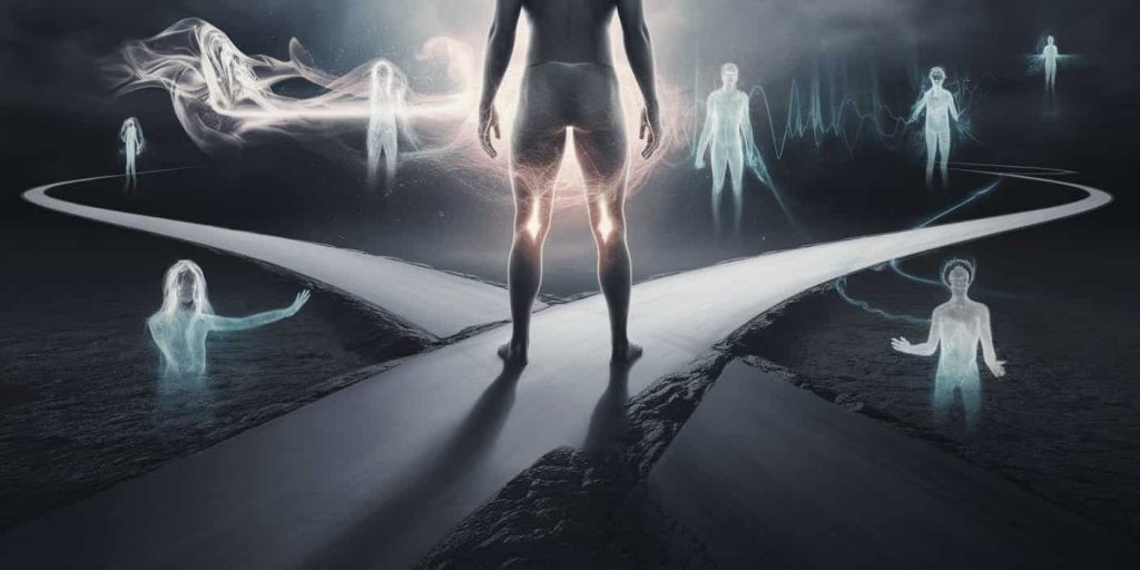 Person at a crossroads with highlighted knees, facing smooth and challenging paths, surrounded by ethereal figures representing emotions and spiritual concepts.