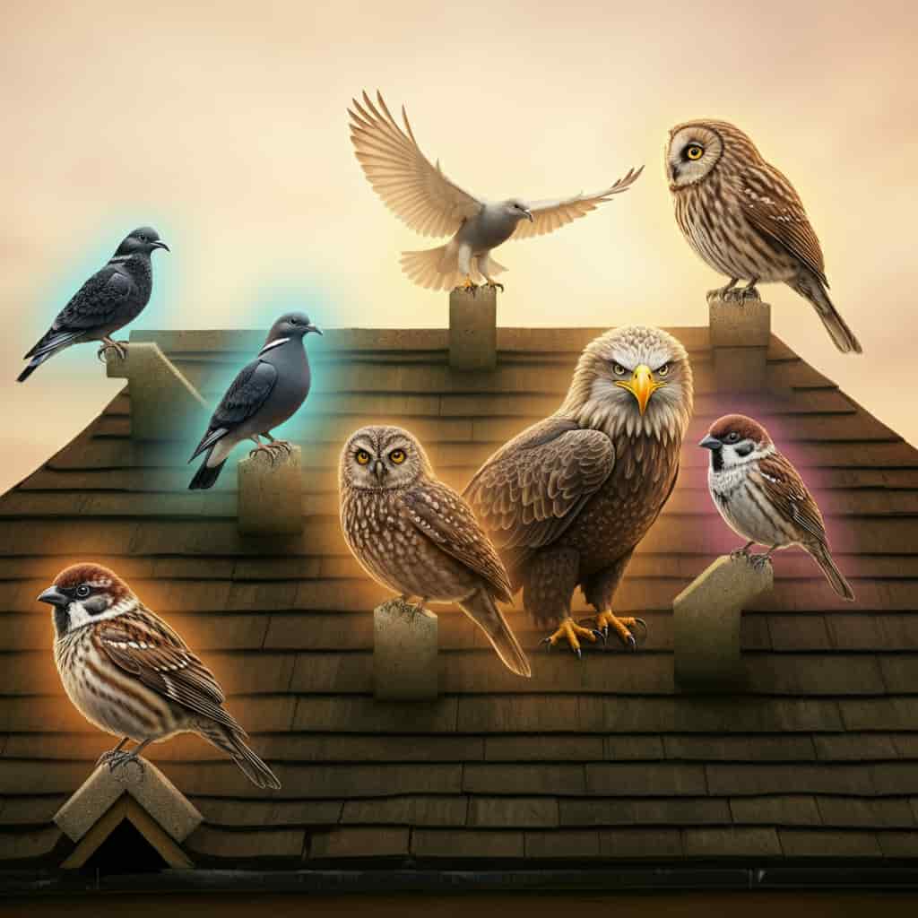 Various bird species perched on different levels of a roof, each surrounded by a unique colored aura, representing diverse spiritual meanings and the connection between earthly and spiritual realms.