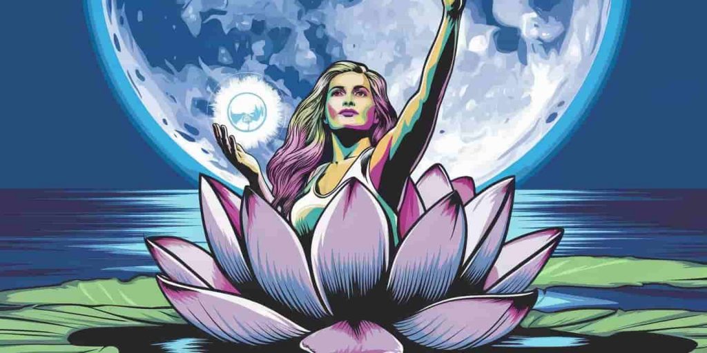 Feminine figure emerging from a lotus flower under a super blue moon, holding an orb of inner wisdom and reaching towards the moon, with a reflective water background symbolizing intuition and emotional depth.