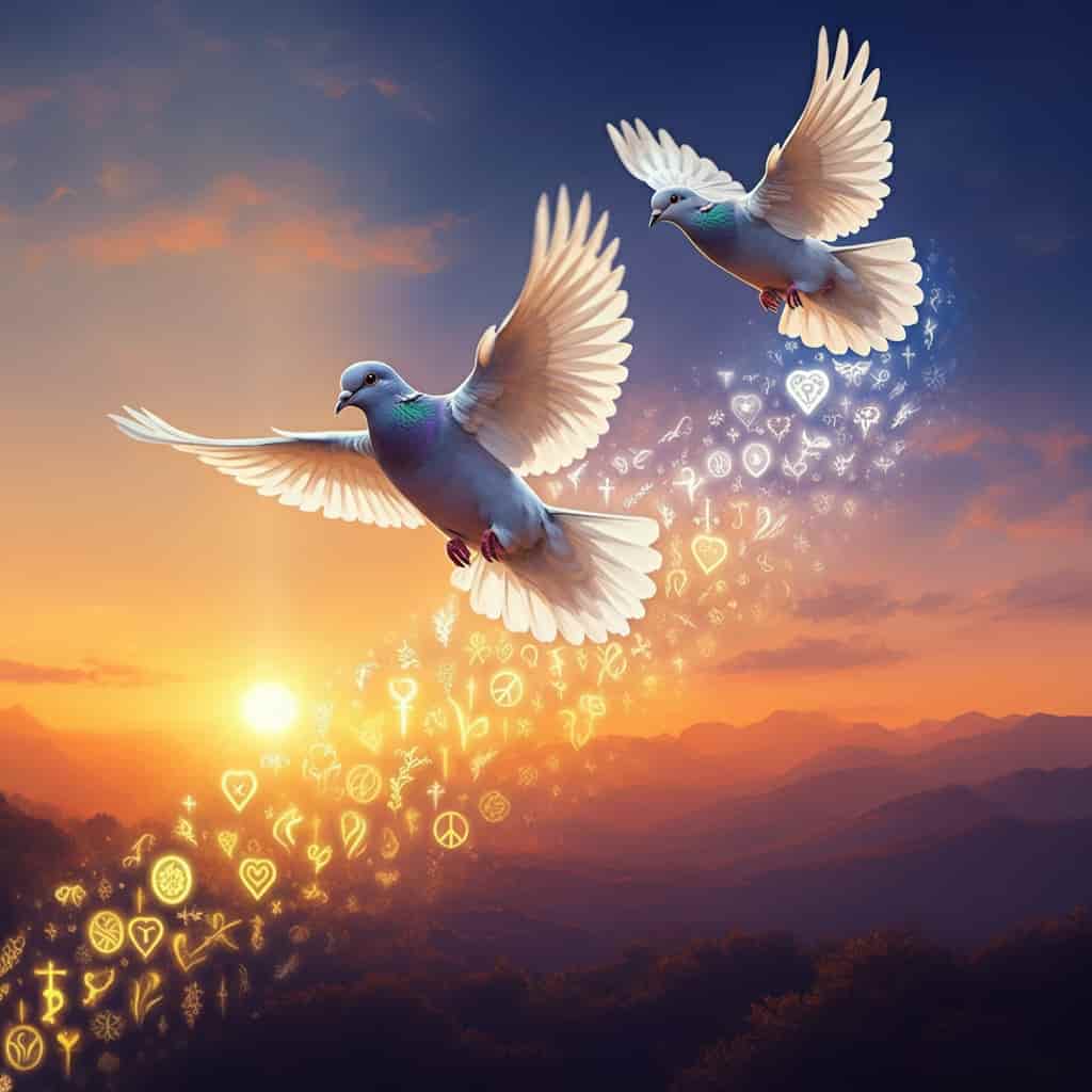 Pair of turtle doves in flight leaving a trail of glowing symbols for love, peace, and renewal against a background transitioning from dawn to dusk.