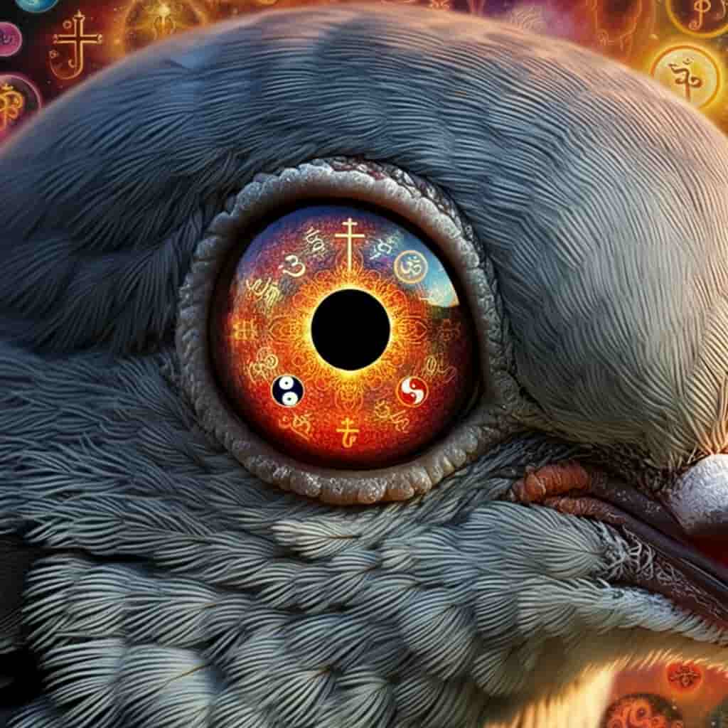 Close-up of a turtle dove's eye reflecting spiritual symbols, with feathers fading into a swirling, colorful background representing various spiritual meanings.