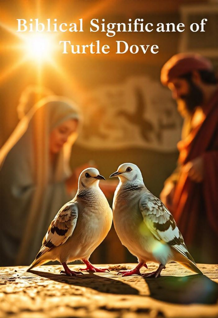 Mary and Joseph offering two turtle doves at the temple, surrounded by divine light, with faint outlines of other biblical scenes featuring turtle doves in the background.