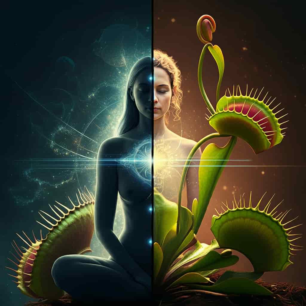 Split-screen image of a person in contemplation and a Venus Fly Trap, connected by glowing lines, with background elements symbolizing trust, boundaries, change, patience, and stillness.