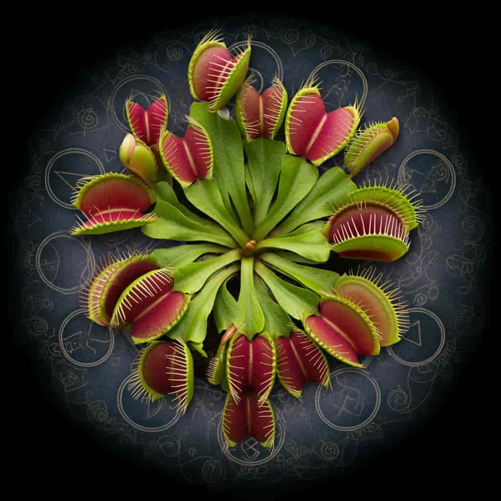Circular arrangement of Venus Fly Traps in various growth stages, forming a mandala-like pattern with subtle background symbols representing adaptation, balance, protection, and transformation.