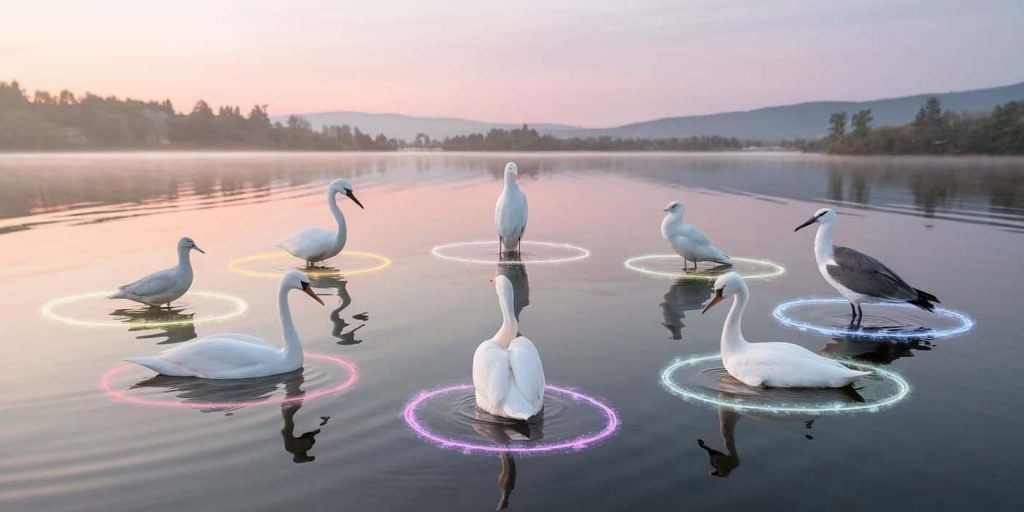 Seven white bird species arranged in a circular pattern on a calm lake at dawn, each surrounded by a colorful aura, symbolizing different spiritual meanings and symbolism.