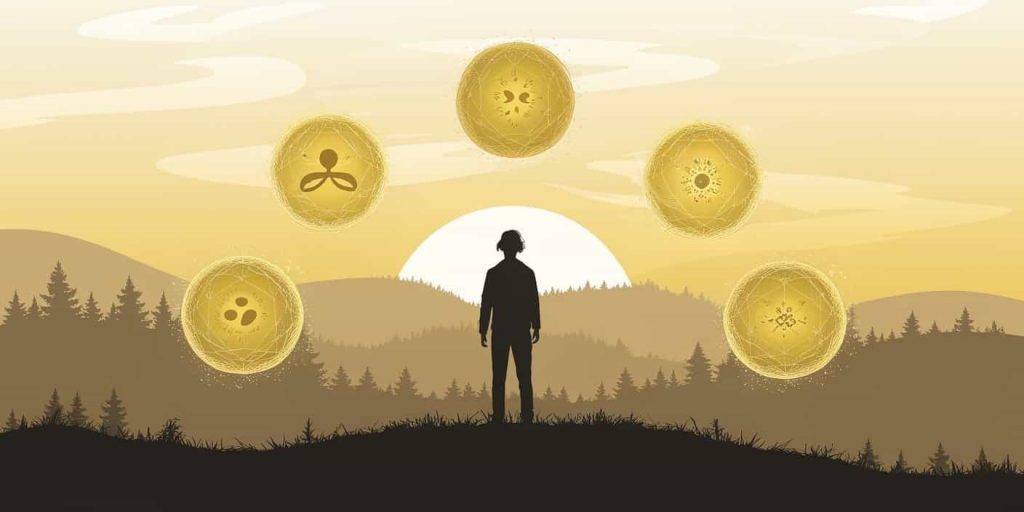 A silhouetted figure standing on a hill at dawn, surrounded by five glowing yellow orbs representing spiritual lessons and messages conveyed by the color yellow.