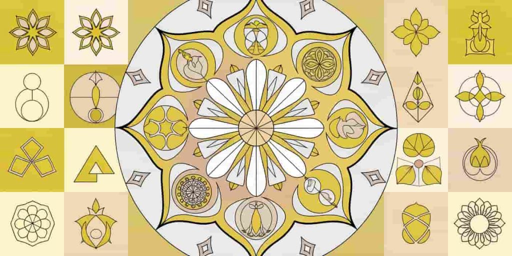 A detailed yellow mandala featuring spiritual symbols from various traditions, representing the diverse spiritual meanings and symbolism of the color yellow.