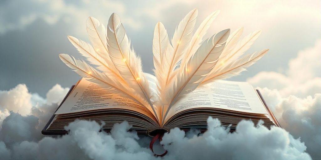 An open book on a cloud with pages transforming into feathers flying off, each feather bearing a glowing symbol or word, illustrating celestial communication and angelic messages.