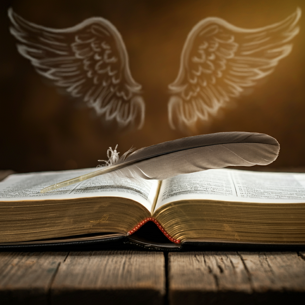 An open Bible on a rustic wooden table with a grey feather resting on it, illuminated by warm light, symbolizing divine protection and guidance
