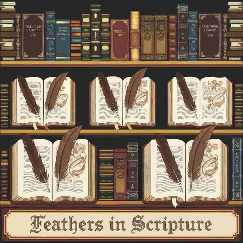 Stylized bookshelf with Bibles and religious texts using brown feathers as bookmarks, representing biblical references to feathers, titled "Feathers in Scripture".