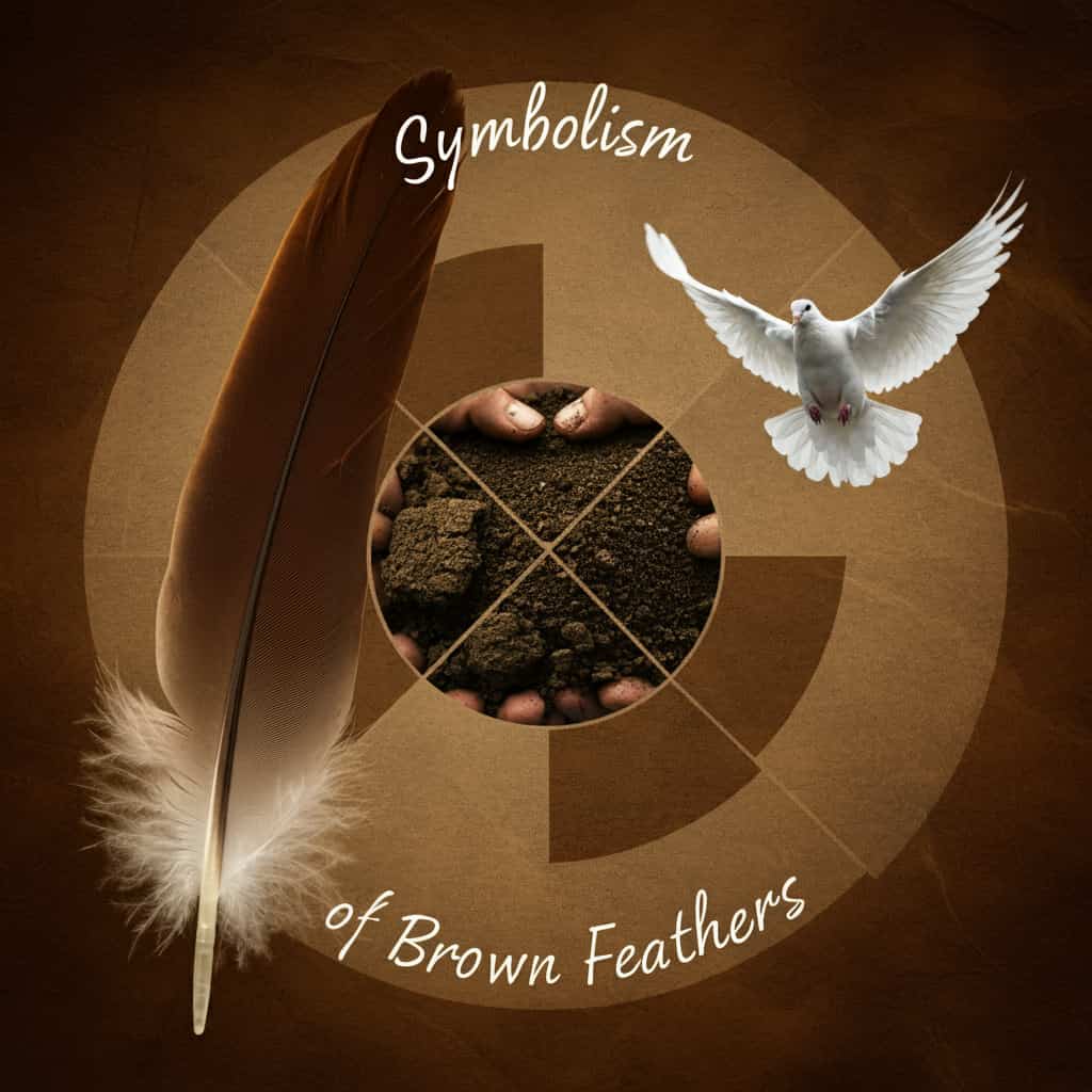 Collage of brown feather, earth, and dove representing biblical symbolism of humility, creation, and spirituality with "Symbolism of Brown Feathers" text.