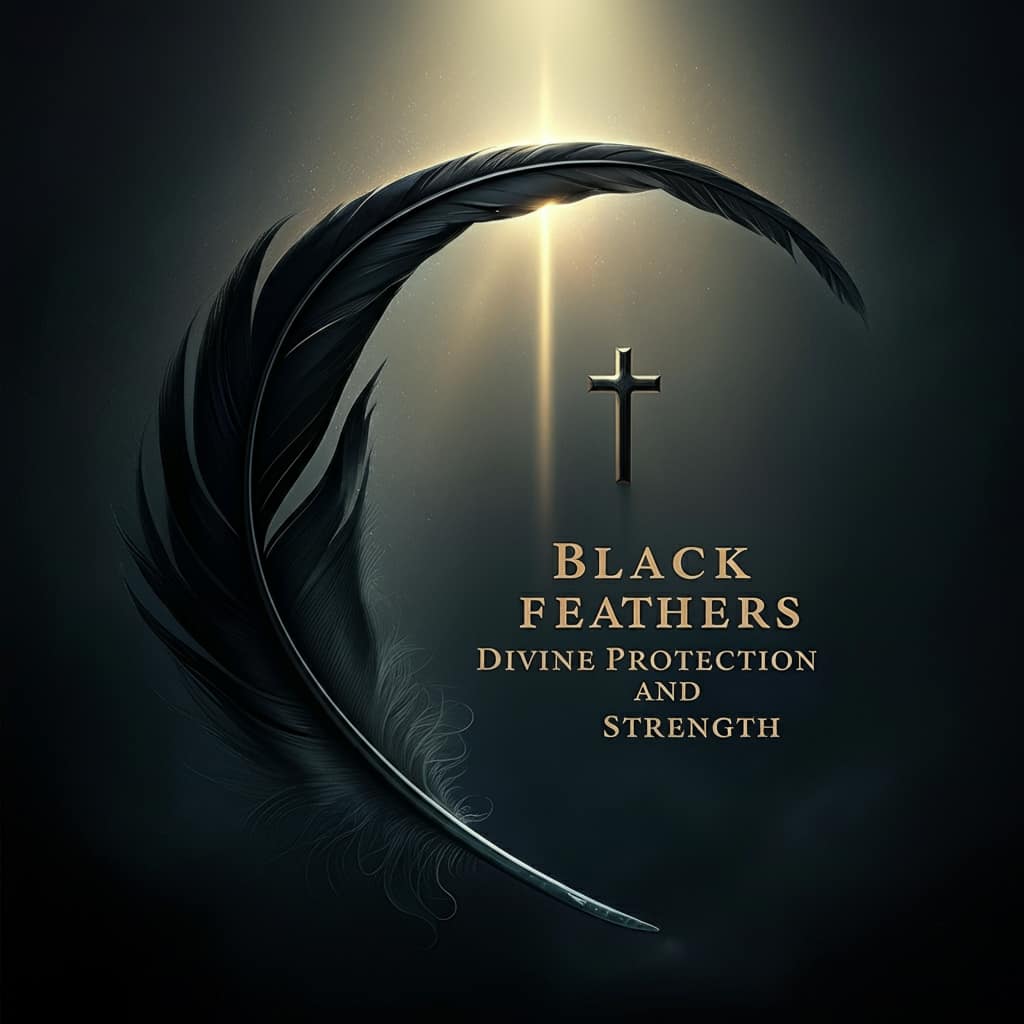 A black feather arching protectively over a glowing cross, symbolizing God's protection and spiritual strength in Christian faith sgiwubg the text "Black Feathers: Divine Protection and Strength" within the image.