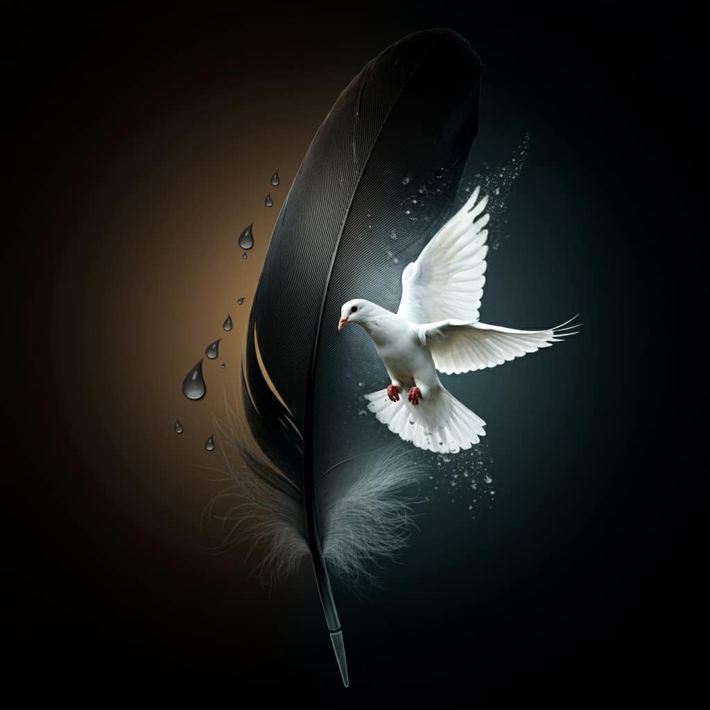 A black feather transforming into a white dove against a transitioning background, symbolizing the process of mourning and spiritual renewal in Christian context.