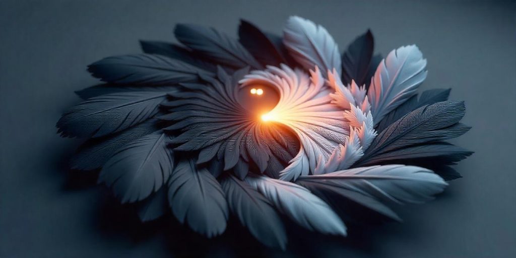 Circular arrangement of black and grey feathers forming a yin-yang symbol, representing the balance and duality in the spiritual symbolism of black and grey feathers.