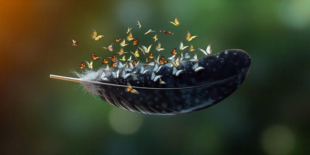 Black and grey feather transforming into a swarm of butterflies, illustrating the concept of transition and transformation associated with black and grey feathers.