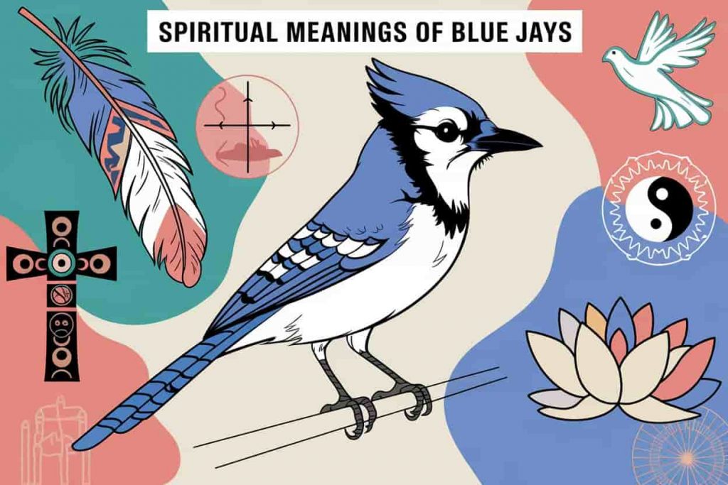 Collage of blue jays with Native American, Christian, and Eastern spiritual symbols, representing diverse cultural interpretations of blue jay symbolism, titled "Spiritual Meanings of Blue Jays".