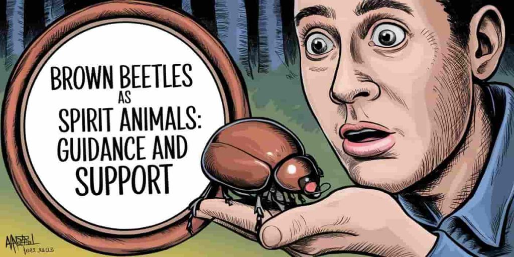 An image of a person holding a brown beetle, with the title "Brown Beetles as Spirit Animals: Guidance and Support" displayed in a circular frame around the person and the beetle.