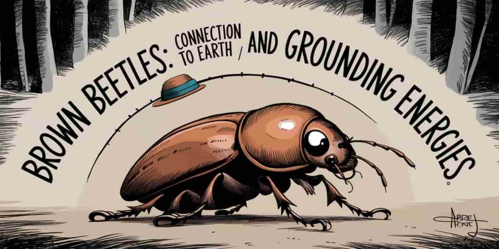 An image of a brown beetle on the ground, with the title "Brown Beetles: Connection to Earth and Grounding Energies" displayed in a curved line above the beetle.