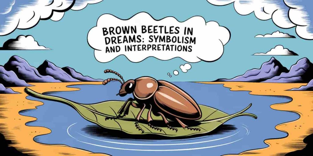 A surreal image of a brown beetle in a dreamlike landscape, symbolizing transformation and personal growth, with the title 'Brown Beetles in Dreams: Symbolism and Interpretations' displayed in a wavy line above the beetle.